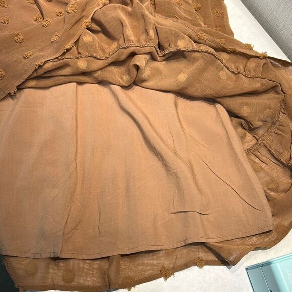 NEW Swiss Polka Dot Chiffon Dress Sz Small Pom Mini Tan Mocha Brown Long Sleeve - Picture 9 of 10